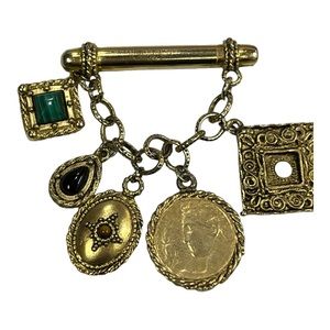 LAZULI Vintage Italian Gold Tone Broach Hanging Charms, Coin, Green & Black